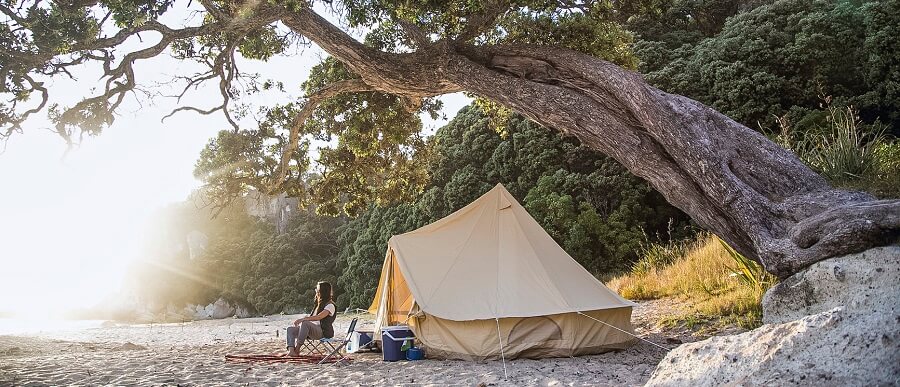 A young woman sits alone outside a tent on a beautiful morning in the Coromandel, New Zealand